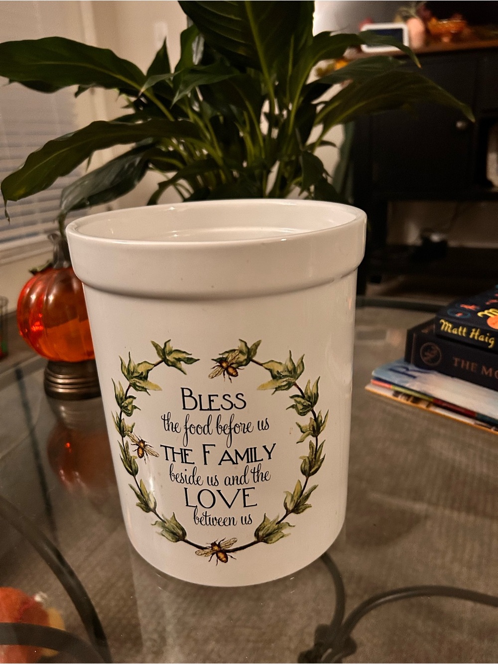 White Ceramic Kitchen Utensil Crock with Blessing Design